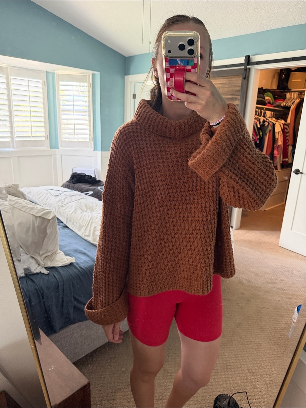 Goodnight Macaroon Waffle-Knit Turtleneck Sweater in Rust Orange